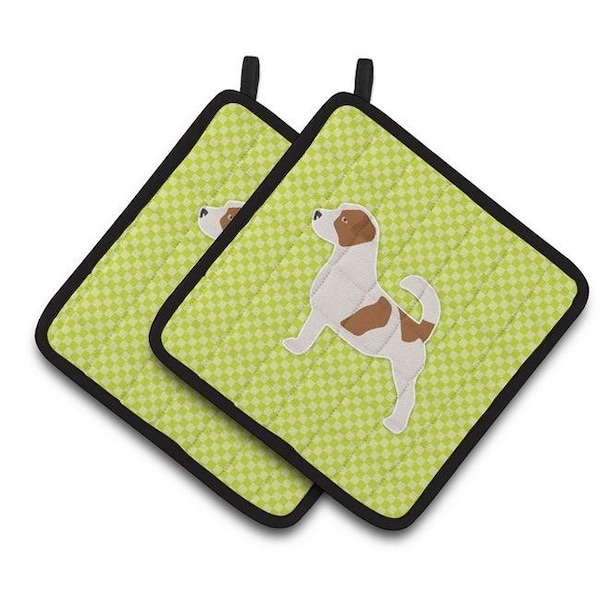 Carolines Treasures Carolines Treasures BB3807PTHD Jack Russell Terrier Checkerboard Green Pair of Pot Holders - BB3807PTHD
