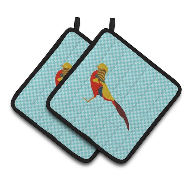 Carolines Treasures Golden or Chinese Pheasant Blue Check Pair of Pot Holders - BB8102PTHD