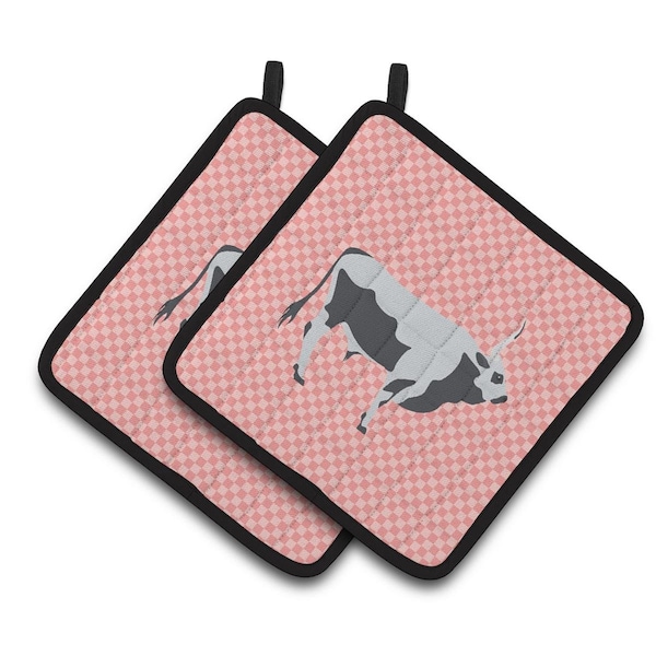 Carolines Treasures Hungarian Grey Steppe Cow Pink Check Pair of Pot Holders - BB7824PTHD