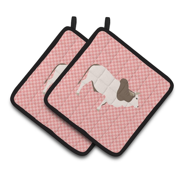 Carolines Treasures Malvi Cow Pink Check Pair of Pot Holders - BB7830PTHD