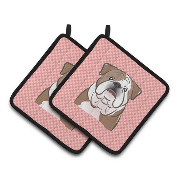 Carolines Treasures Carolines Treasures BB1219PTHD Checkerboard Pink English Bulldog Pair of Pot Holders; 7.5 x 3 x 7.5 in. - BB1219PTHD