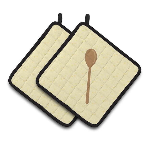 Carolines Treasures Wooden Spoon on Yellow Pair of Pot Holders - BB7285PTHD
