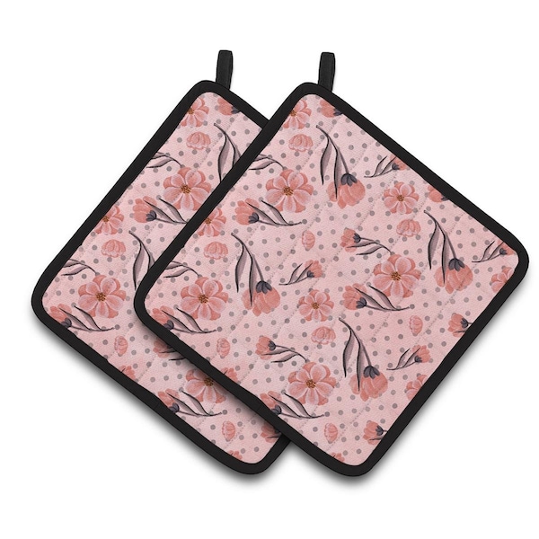 Carolines Treasures Pink Flowers and Polka Dots Pair of Pot Holders - BB7499PTHD