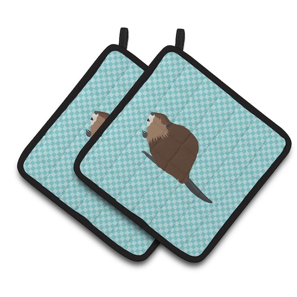 Carolines Treasures Eurasian Beaver Blue Check Pair of Pot Holders - BB8047PTHD