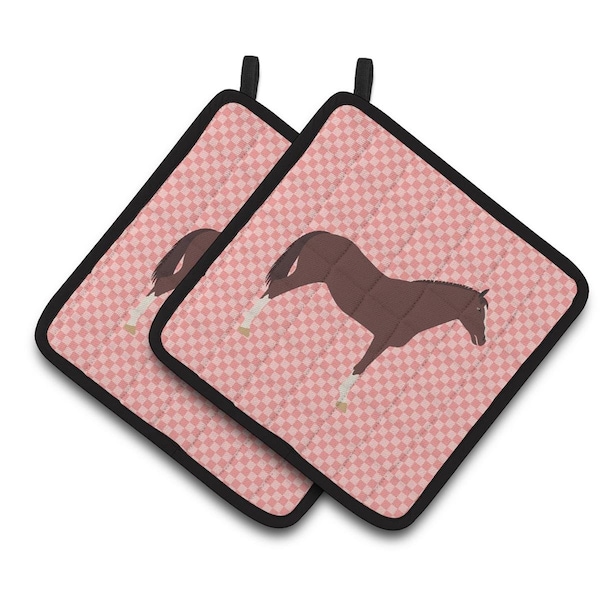 Carolines Treasures English Thoroughbred Horse Pink Check Pair of Pot Holders - BB7913PTHD