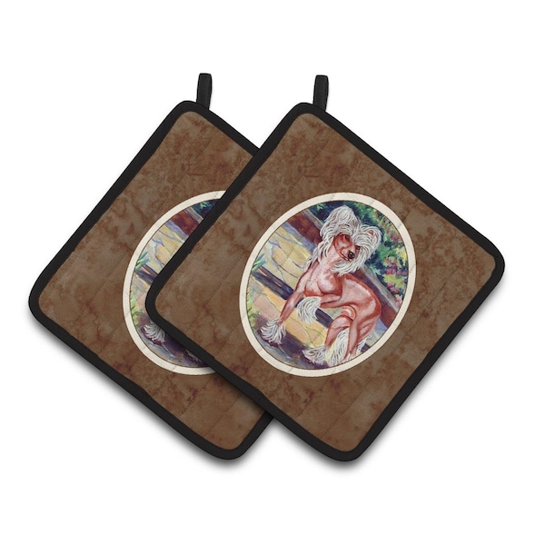 Carolines Treasures Chinese Crested on the Patio Pair of Pot Holders - 7021PTHD