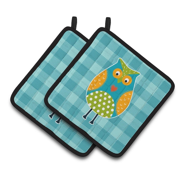 Carolines Treasures Owl on Blue Plaid Pair of Pot Holders - BB6755PTHD