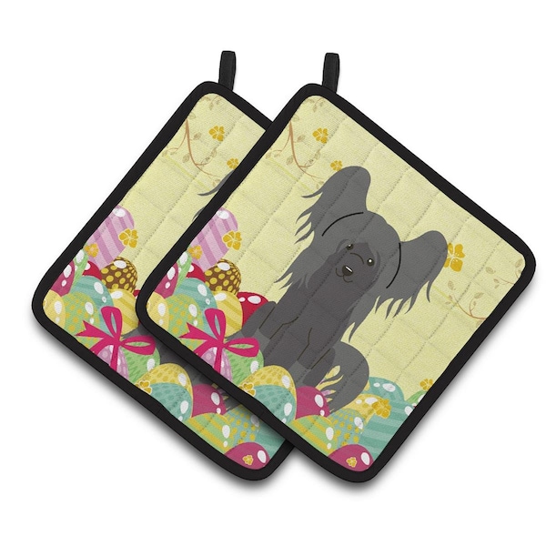 Carolines Treasures Easter Eggs Chinese Crested Black Pair of Pot Holders - BB6112PTHD