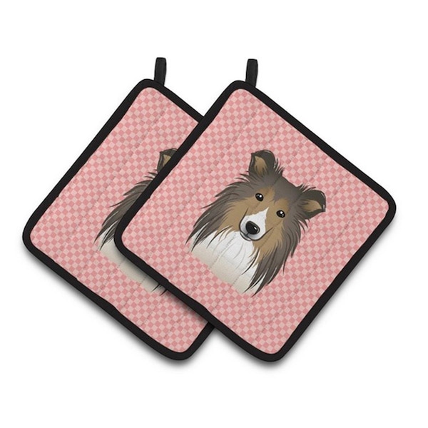 Carolines Treasures Checkerboard Pink Sheltie Pair of Pot Holders, 7.5 x 3 x 7.5 in. - BB1242PTHD