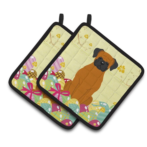 Carolines Treasures Easter Eggs Fawn Boxer Pair of Pot Holders - BB6115PTHD