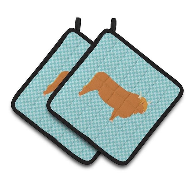Carolines Treasures Carolines Treasures BB7994PTHD Highland Cow Blue Check Pair of Pot Holders - BB7994PTHD