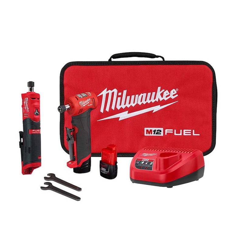 Milwaukee M12 FUEL 12V Kit de amoladora angular y recta inalámbrica sin escobillas de 1/4 de pulgada con baterías de 2.0 Ah (2) - 2485-22-2486-20