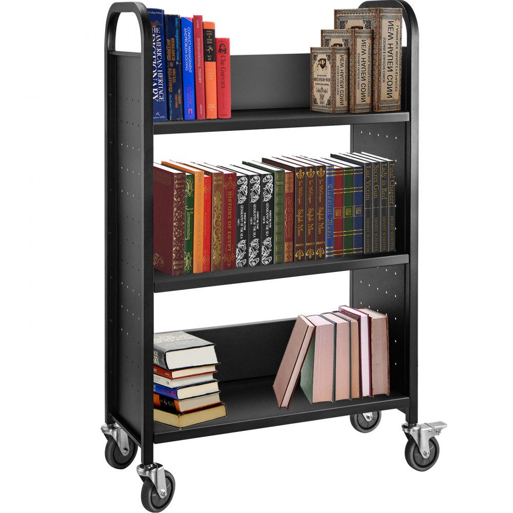 VEVOR Book Cart, 200lbs Library Cart, 30x14x49 Inch Rolling Book Cart Single Sided L-Shaped Flat Shelves with 4 Inch Lockable Wheels for Home Shelves Office and School Book Truck in Black - TSGTCSCLXDMHS0001V0