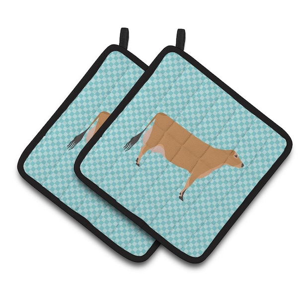 Carolines Treasures Jersey Cow Blue Check Pair of Pot Holders - BB8003PTHD