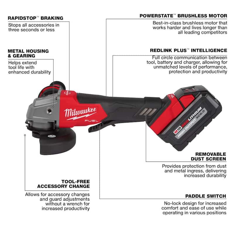 Milwaukee M18 FUEL 18V Lithium-Ion Inalámbrico sin escobillas 4-1/2 in./5 in. Amoladora, Kit con interruptor de paleta y dos baterías de 6.0 Ah - 2880-22