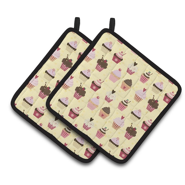 Carolines Treasures Cupcakes on Yellow Pair of Pot Holders - BB7295PTHD