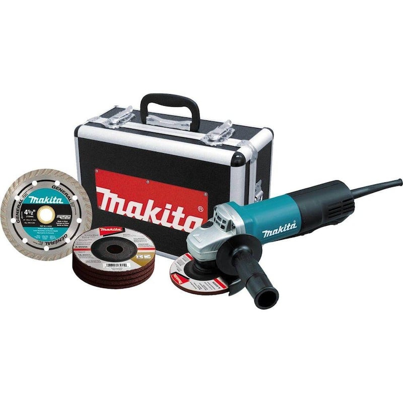Makita 7.5 Amp Corded 4-1/2 in. Amoladora con interruptor de paleta y estuche de aluminio, hoja de diamante y ruedas de esmerilado - 9557PBX1