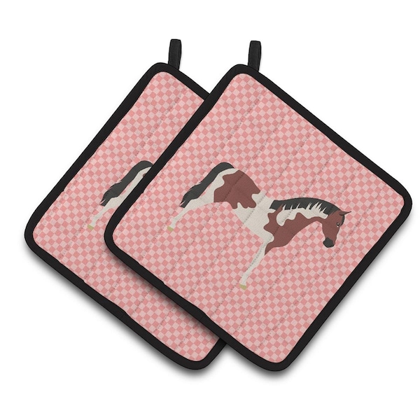 Carolines Treasures Pinto Horse Pink Check Pair of Pot Holders - BB7907PTHD