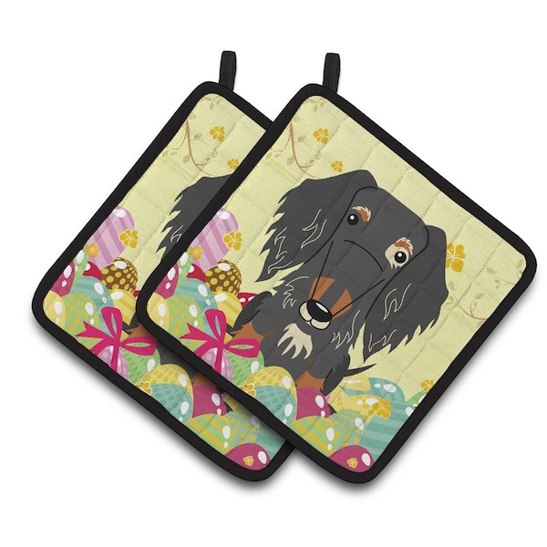 Carolines Treasures Easter Eggs Wire Haired Dachshund Dapple Pair of Pot Holders - BB6128PTHD