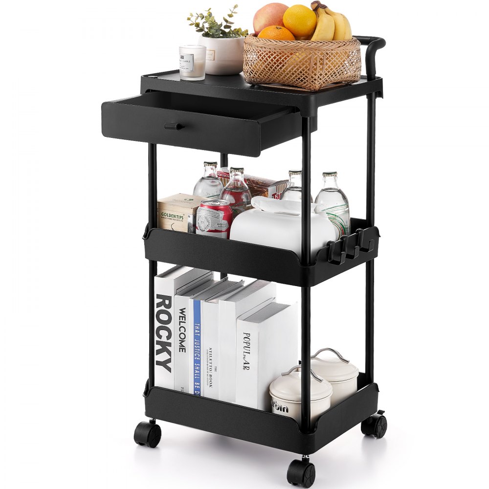 VEVOR 3-Tier Rolling Utility Cart with Drawer, Kitchen Cart with Lockable Wheels, Multifunctional Storage Trolley with Handle for Office, Living Room, Kitchen, Movable Storage Organizer Shelves, Black - DGNTCHS3CCTSLUQEOV0