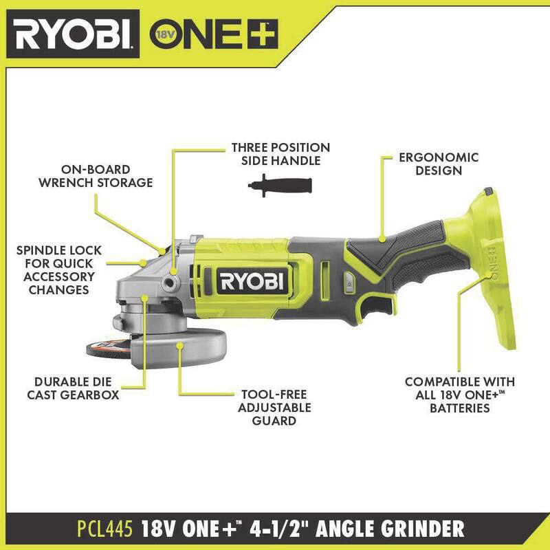 RYOBI ONE+ 18V Amoladora Angular Inalámbrica de 4-1/2 pulgadas con Batería de 4.0 Ah y Cargador - PCL445K1