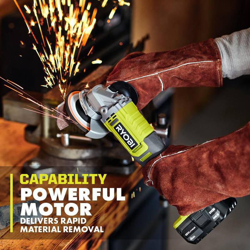 RYOBI ONE+ 18V Amoladora Angular Inalámbrica de 4-1/2 pulgadas con Batería de 4.0 Ah y Cargador - PCL445K1