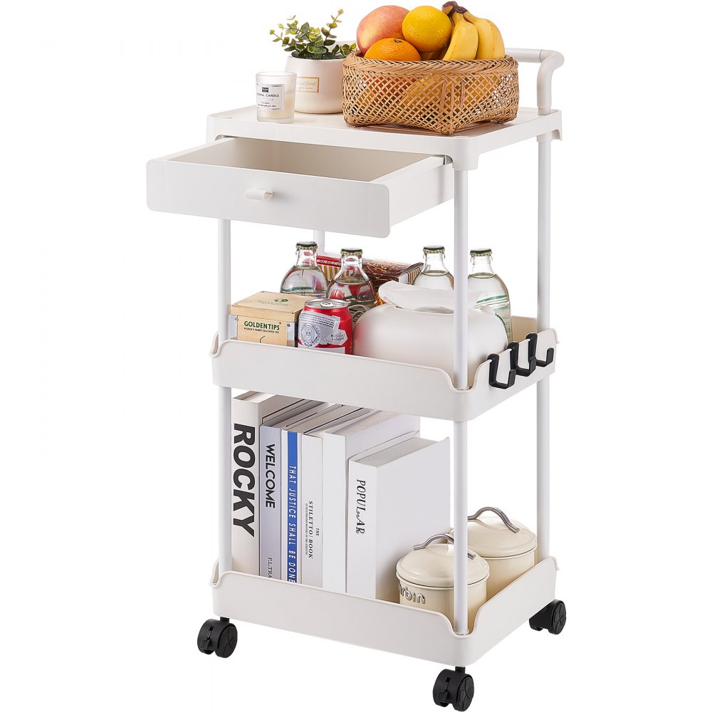 VEVOR 3-Tier Rolling Utility Cart with Drawer, Kitchen Cart with Lockable Wheels, Multifunctional Storage Trolley with Handle for Office, Living Room, Kitchen, Movable Storage Organizer Shelves, White - DGNTCBS3CCTSRNCCSV0