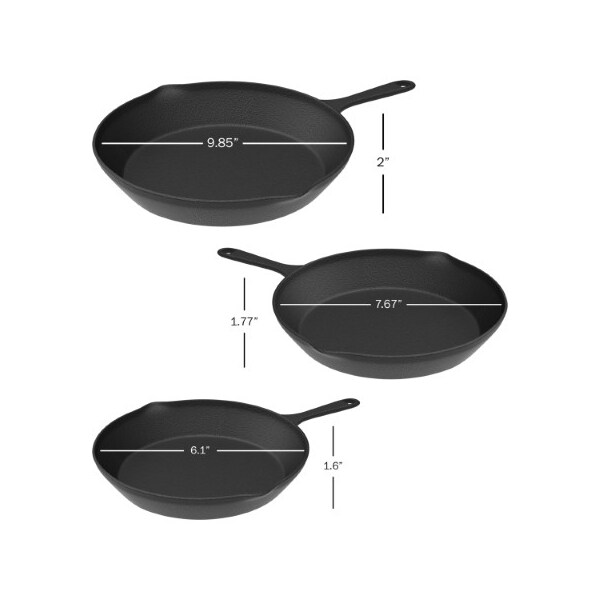 Hastings Home Set of 3 Frying Pans Cast Iron Pre-Seasoned Nonstick Skillets in 10", 8", 6"- Kitchen Cookware - 997642PQH