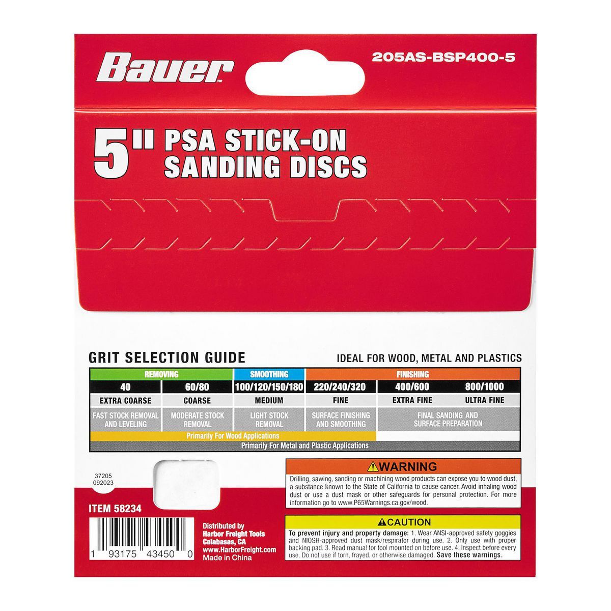 Discos de Lijado PSA de 5 pulgadas, 400 granos con Grano de Alúmina de Circonia, Paquete de 5 - 58234 de Bauer