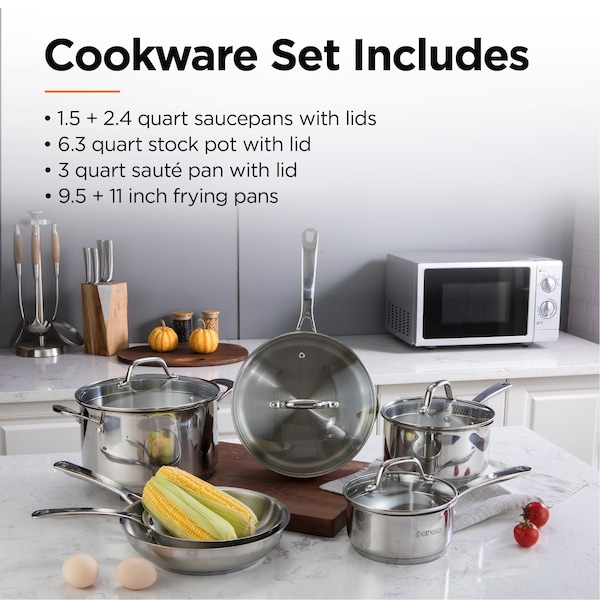 Othello 10-Piece Tri-ply Stainless Steel Pots and Pans Cookware Set, Silver - CH-SSCO6