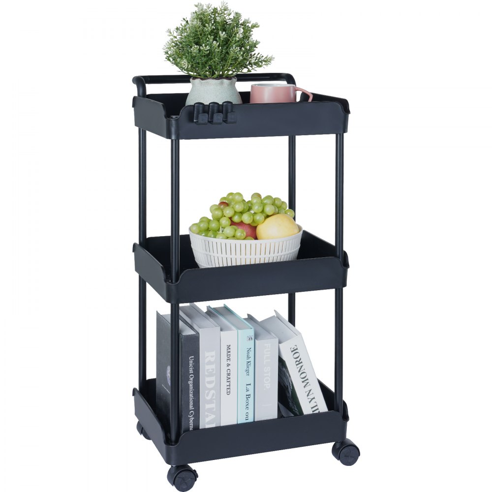 VEVOR 3-Tier Rolling Utility Cart, Kitchen Cart with Lockable Wheels, Multi-Functional Storage Trolley with Handle for Office, Living Room, Kitchen, Movable Storage Basket Organizer Shelves, Black - DGNTCHS3CLKS8GBENV0
