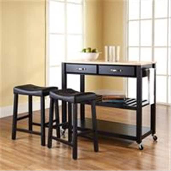 Betterbeds Natural Wood Top Kitchen Cart-Island in Black Finish w/24 in. Black Upholstered Saddle Stools - BE383111