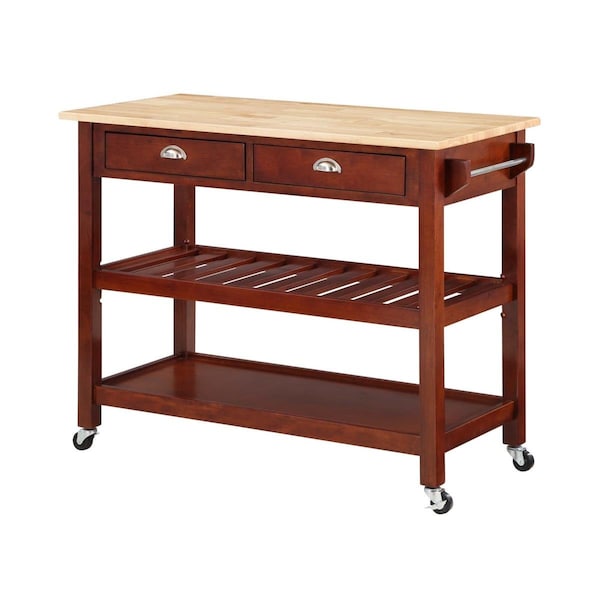 Convenience Concepts American Heritage 3 Tier Butcher Block Kitchen Cart with Drawers - Butcher Block/Mahogany - HI2540498