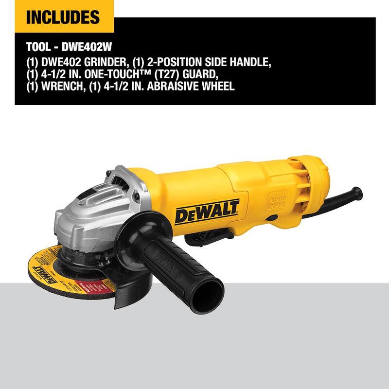 Esmeriladora angular pequeña de 4.5 pulgadas con cable DEWALT de 120V y 11 amperes - DWE402