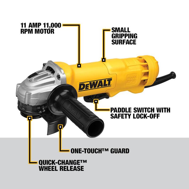 Esmeriladora angular pequeña de 4.5 pulgadas con cable DEWALT de 120V y 11 amperes - DWE402