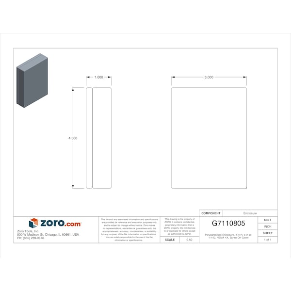 Wiegmann Polycarbonate Electrical Enclosures, 4 in H, 1 in D, 3 in W, NEMA 4X, Screw On - HW-S906003