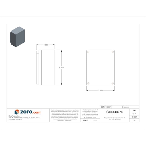 Box Enclosures Polycarbonate Electrical Enclosures, 9.84 in H, 5.12 in D, 7.9 in W, NEMA 4X - BEN-92P