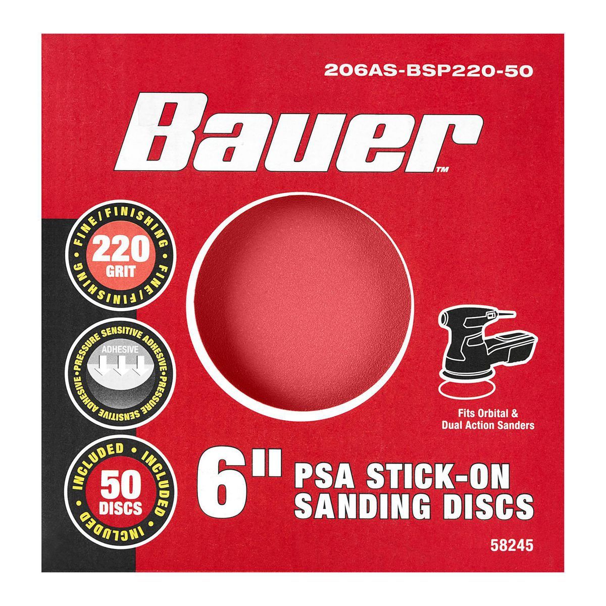 Discos de Lija Bauer de 6 pulgadas, 220 de Grano con Adhesivo PSA y Grano de Alúmina de Circonio, Paquete de 50 - 58245