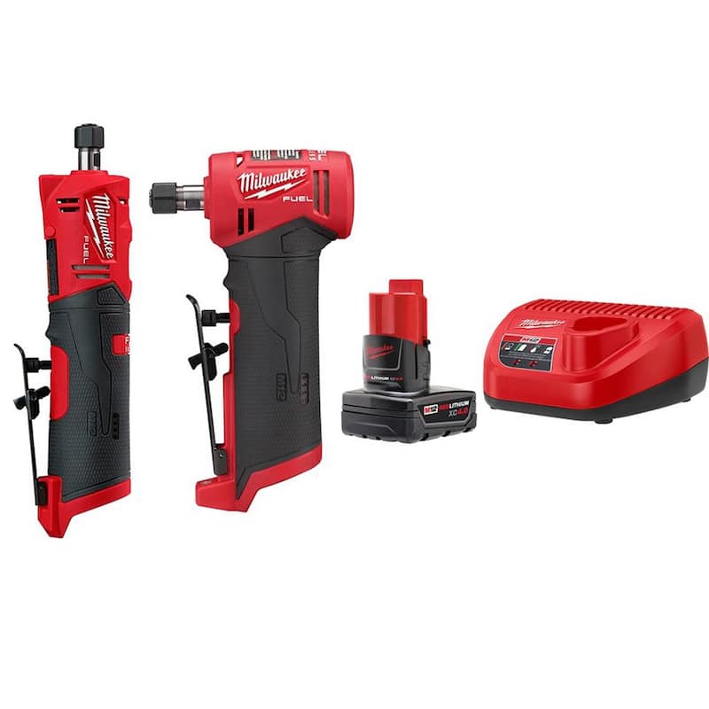 Kit de esmeriladora neumática recta y angular sin escobillas de 1/4 de Milwaukee M12 FUEL de 12V de iones de litio inalámbrica con batería y cargador - 2486-20-2485-20-48-59-2440