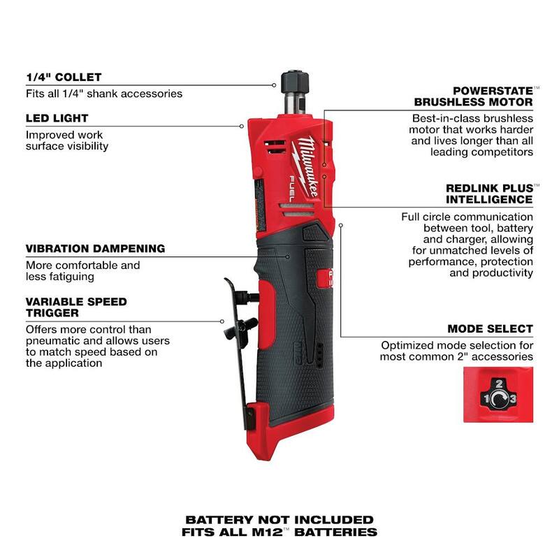 Kit de esmeriladora neumática recta y angular sin escobillas de 1/4 de Milwaukee M12 FUEL de 12V de iones de litio inalámbrica con batería y cargador - 2486-20-2485-20-48-59-2440