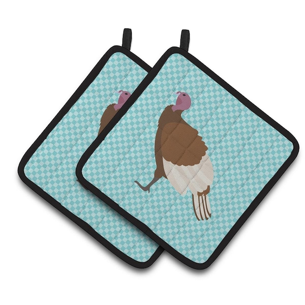 Carolines Treasures Bourbon Red Turkey Hen Blue Check Pair of Pot Holders - BB8156PTHD