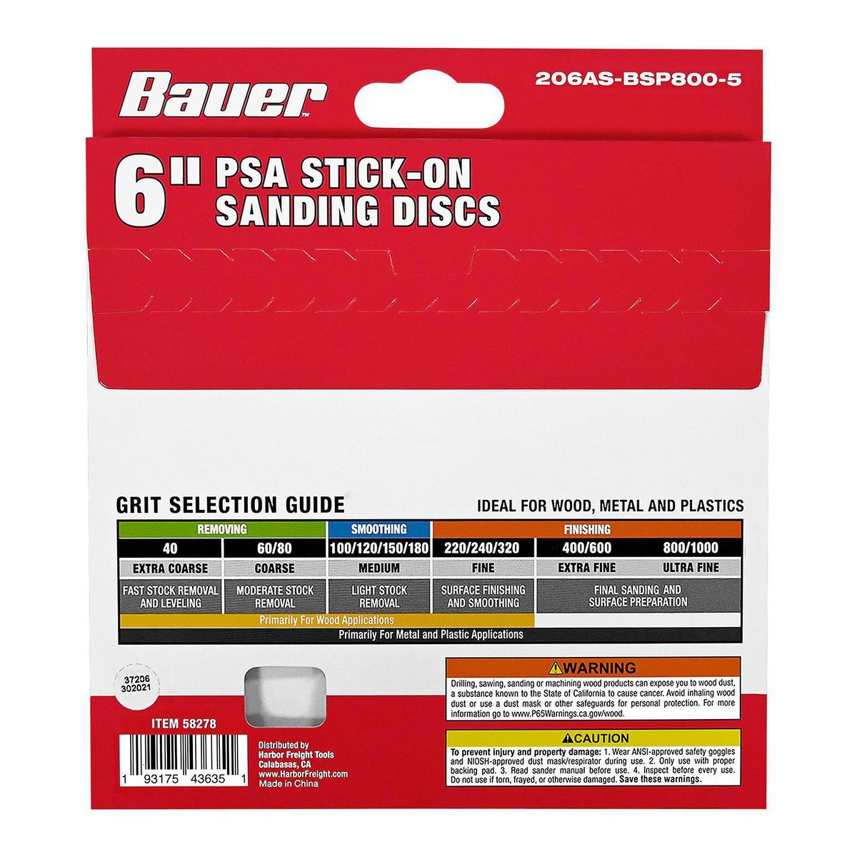 Discos de lijado Bauer de 6 pulgadas, grano de óxido de aluminio de 800 grados, autoadheribles, paquete de 5 - 58278