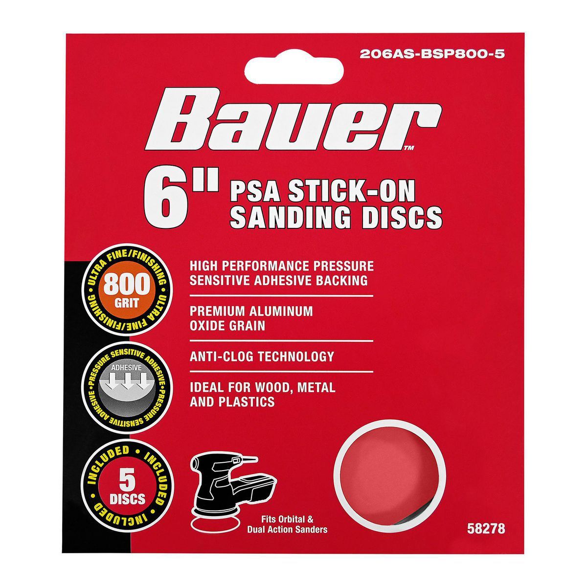 Discos de lijado Bauer de 6 pulgadas, grano de óxido de aluminio de 800 grados, autoadheribles, paquete de 5 - 58278