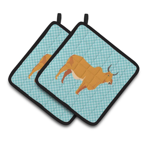 Carolines Treasures Zebu Indicine Cow Blue Check Pair of Pot Holders - BB7999PTHD