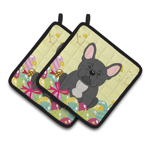 Carolines Treasures Easter Eggs French Bulldog Black Pair of Pot Holders - BB6014PTHD