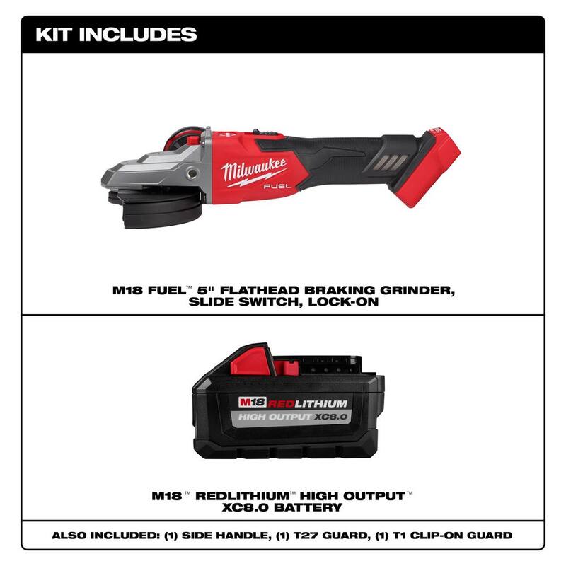 Amoladora inalámbrica Milwaukee M18 FUEL de 18V con batería de iones de litio de 5 pulgadas y freno de cabeza plana Brushless con salida alta XC de 8.0 Ah - 2887-20-48-11-1880.