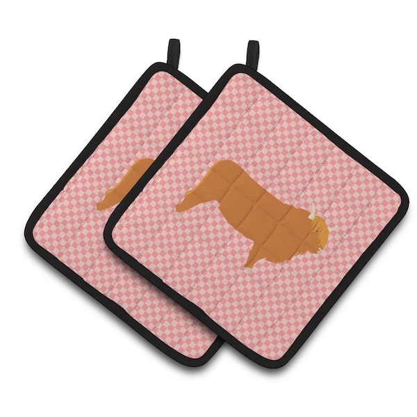 Carolines Treasures Highland Cow Pink Check Pair of Pot Holders - BB7820PTHD