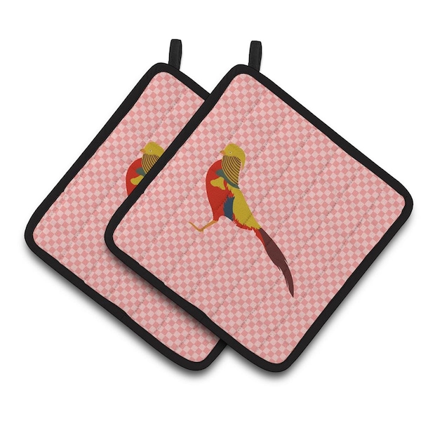 Carolines Treasures Golden or Chinese Pheasant Pink Check Pair of Pot Holders - BB7928PTHD