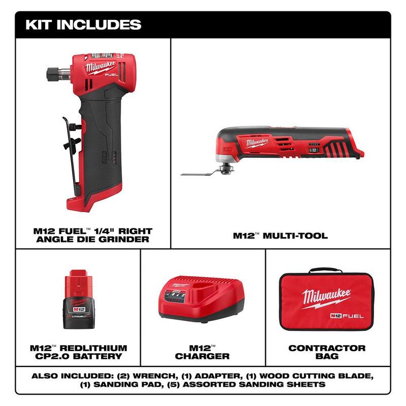 Milwaukee M12 FUEL 12V Lithium-Ion 1/4 in. Kit rectificadora angular inalámbrica con ángulo recto w/M12 Lithium-Ion Multi-Herramienta oscilante inalámbrica - 2485-21-2426-20