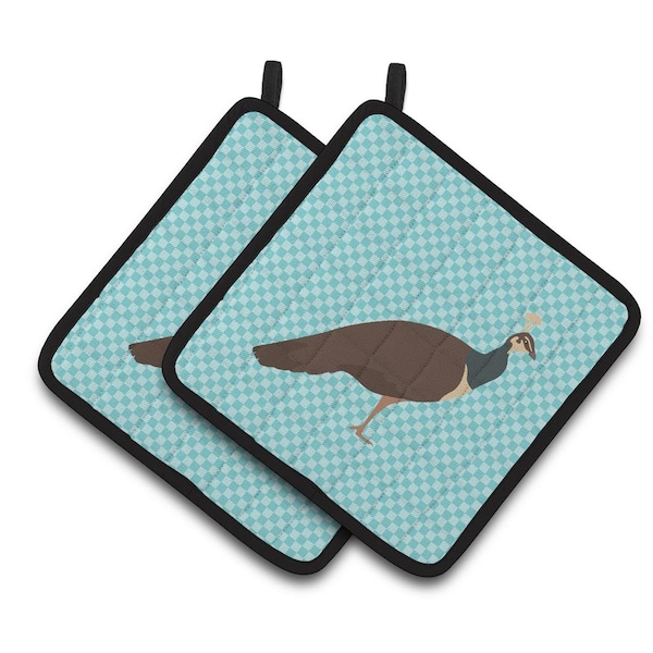 Carolines Treasures Indian Peahen Peafowl Blue Check Pair of Pot Holders - BB8101PTHD